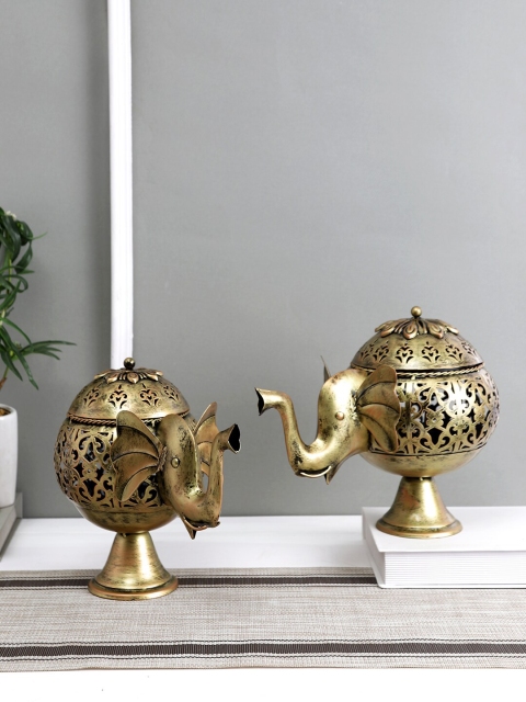 

Aapno Rajasthan Set Of 2 Gold-Toned Elephant Light Jali Candle Holders