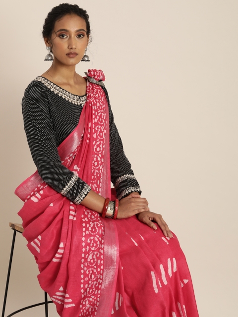 

Taavi Pink & White Batik Block Print Saree