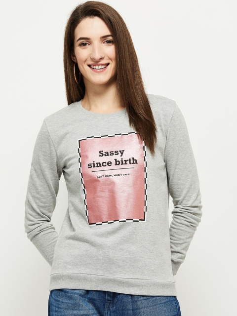 

max Women Grey Melange Printed Cotton Sweatshirt