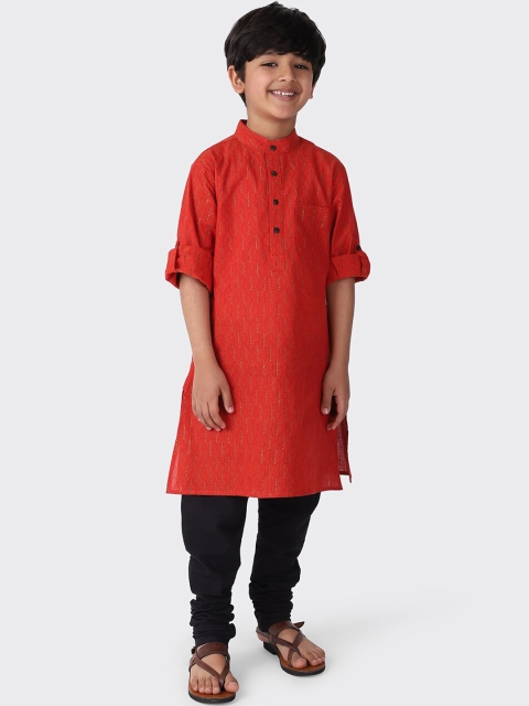 

Fabindia Boys Red Cold-Shoulder Sleeves Thread Work Cotton Kurta