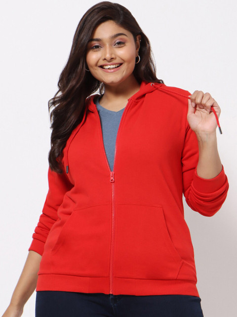 

Bewakoof Plus Women Red Solid Hooded Sweatshirt
