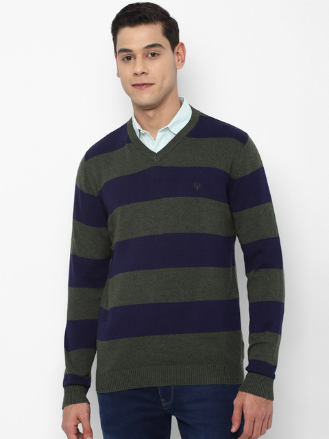 

Allen Solly Men Olive Green & Navy Blue Colourblocked Cotton Pullover Sweater