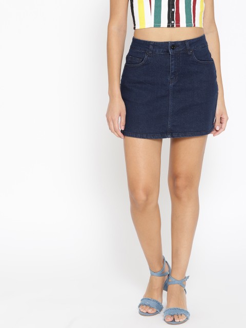

ether Women Navy Blue Mini Denim A-Line Skirt