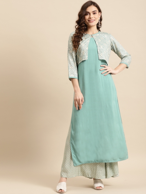 

Prakhya Women Turquoise Blue Printed Kurta with Palazzos & Jacket