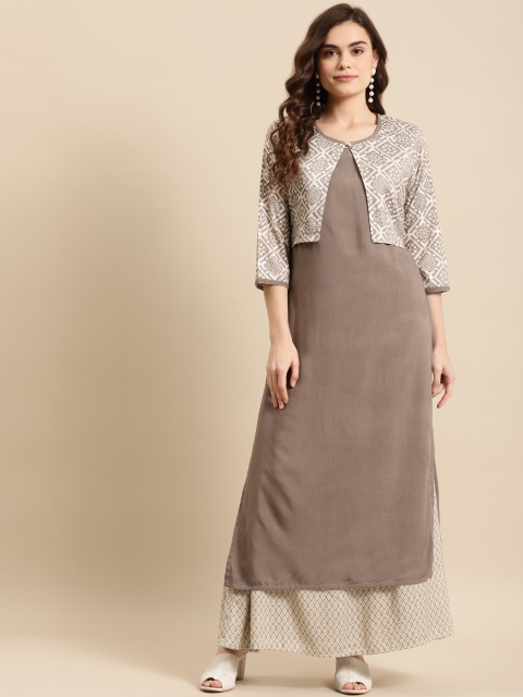 

Prakhya Women Taupe Solid Kurta with Palazzos & Jacket