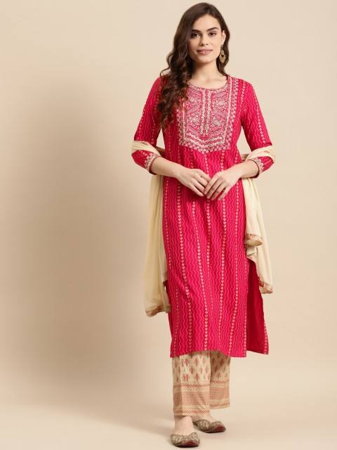 

Prakhya Women Pink Embroidered Angrakha Gotta Patti Kurta with Palazzos & With Dupatta