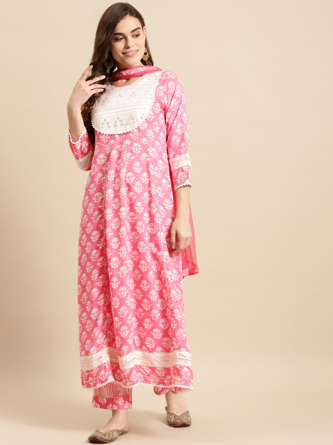 

Prakhya Women Pink & White Ethnic Motifs Printed Kurta with Palazzos & Dupatta