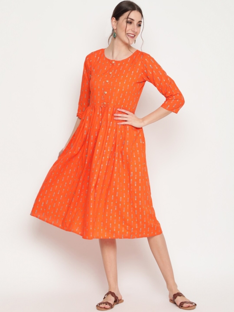 

THE NKS PLUS Women Orange Ethnic Motifs Printed Cotton Midi Dress