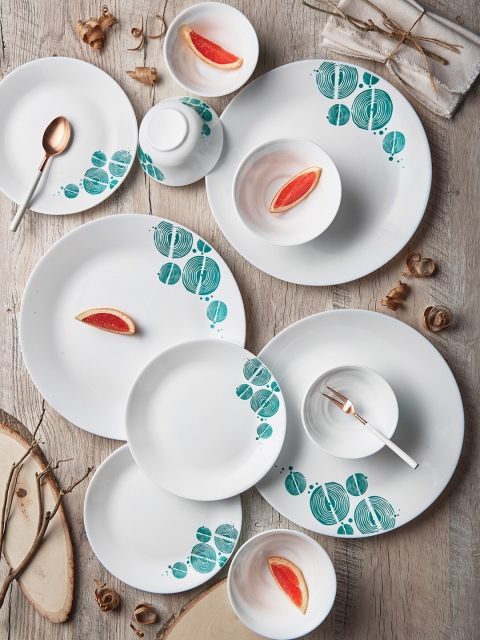 

Larah by BOROSIL Tiara Woodstock Set Of 44 Printed Opalware Glossy Dinner Set, White