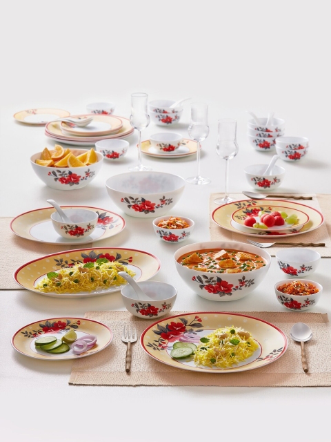 

Larah by BOROSIL Kohinoor Pink Sapphire Set Of 44 Floral Printed Glossy Dinner Set, White