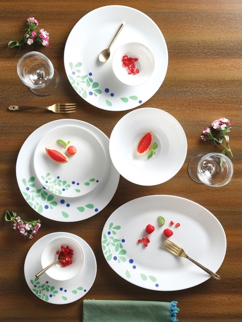 

Larah by BOROSIL Tiara Foliage White & Green 44 Pieces Printed Opalware Glossy Dinner Set