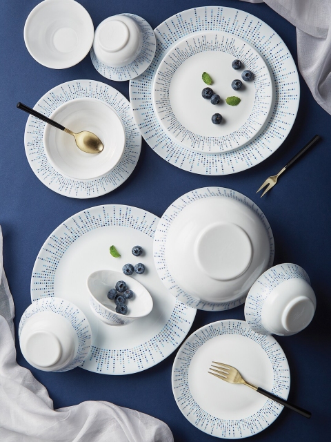 

Larah by BOROSIL Tiara Pulse White & Blue 10 Pieces Printed Opalware Glossy Dinner Set