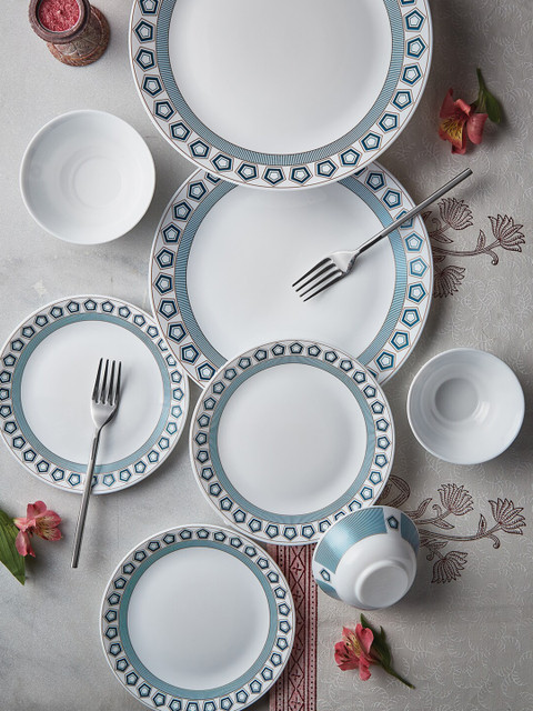 

Larah by BOROSIL Tiara Crystal 27 Pieces Printed Opalware Glossy Dinner Set, White