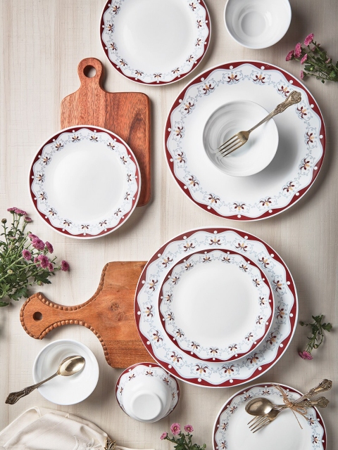 

Larah by BOROSIL Tiara Royal Brown Pack Of 27 White & Blue Printed Dinner Set