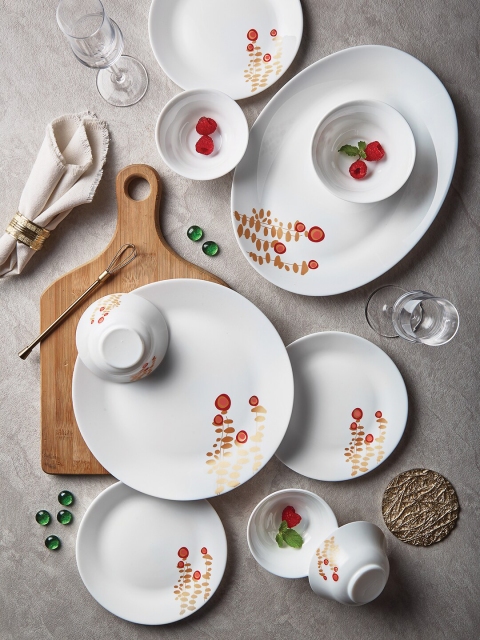 

Larah by BOROSIL Tiara Pebbles 44 Pieces Printed Opalware Glossy Dinner Set, White