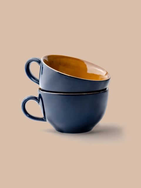 

SHAY Blue & Brown Solid Stoneware Glossy Cups Set of 2