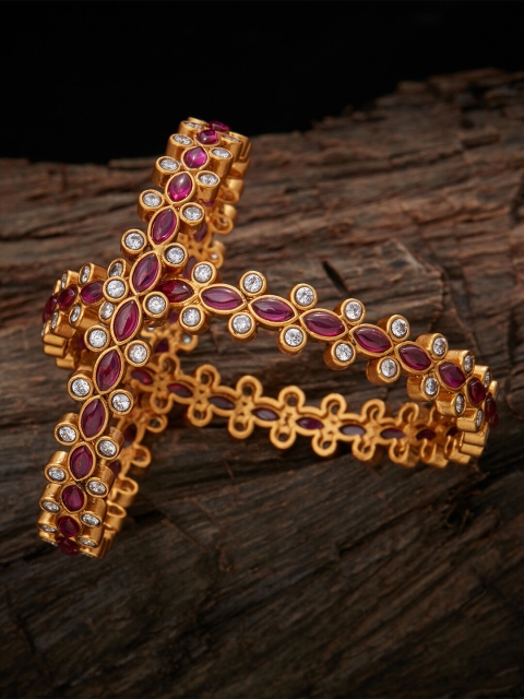 

Kushal's Fashion Jewellery Set Of 2 Gold-Plated White & Pink Stone-Studded Bangles