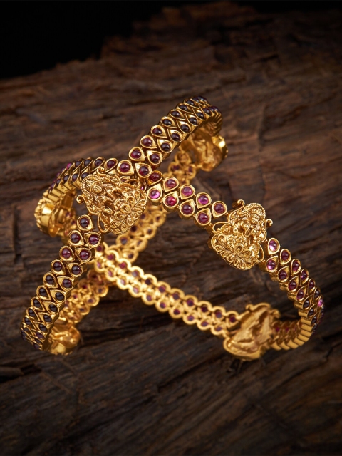 

Kushal's Fashion Jewellery Set Of 2 Gold-Plated & Pink Ruby-Studded Bangles