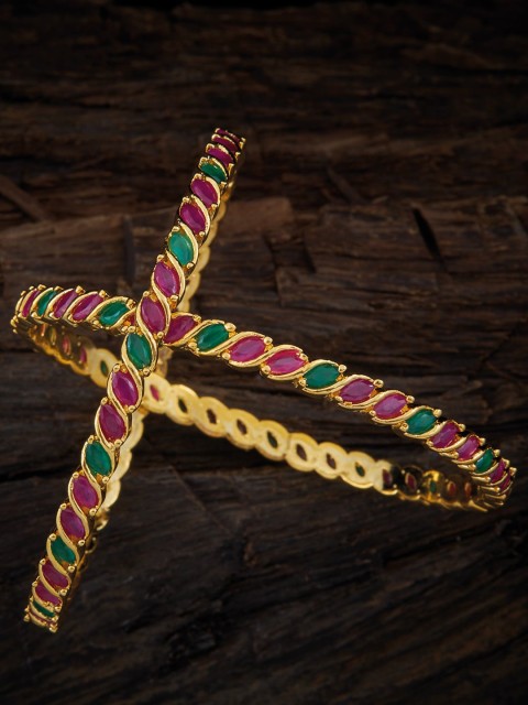 

Kushal's Fashion Jewellery Set of 2 Gold Plated & Green Studded Bangles
