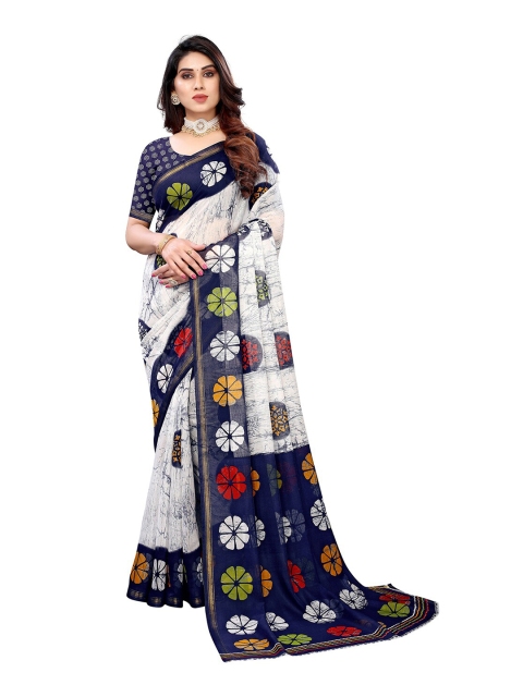 

KALINI Blue & White Floral Printed Saree