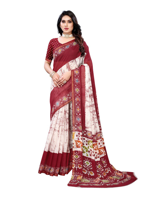 

KALINI White & Red Abstract Printed Zari Saree