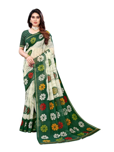 

KALINI Green & White Floral Saree
