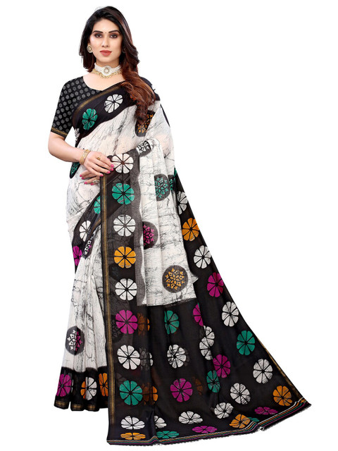 

KALINI Black & Cream-Coloured Floral Printed Saree