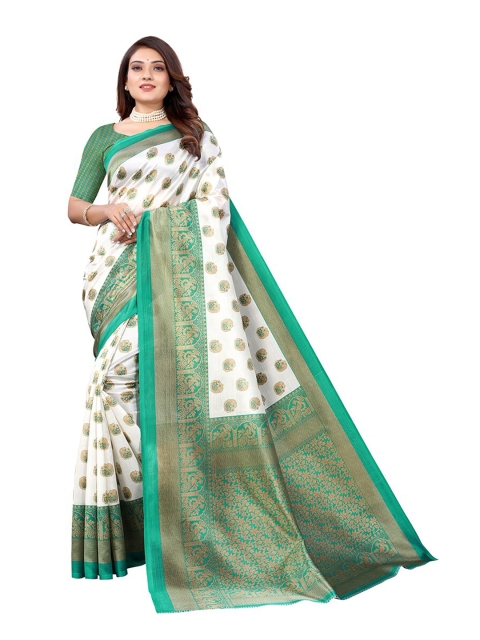 

KALINI Green & Cream-Coloured Ethnic Motifs Printed Art Silk Saree