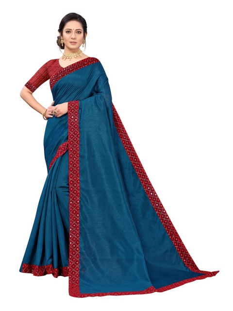 

KALINI Blue & Red Mirror Work Silk Blend Saree
