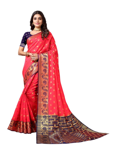 

KALINI Pink & Blue Floral Silk Cotton Banarasi Saree