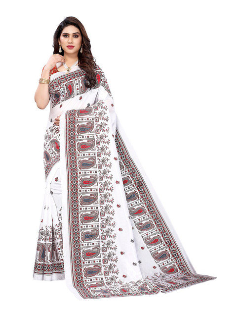 

KALINI Off White & Red Ethnic Motifs Printed Silk Cotton Saree