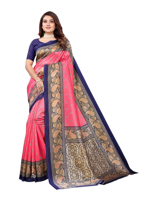 

KALINI Peach-Coloured & Blue Paisley Art Silk Saree