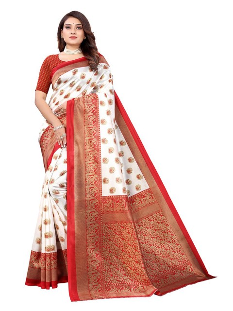 

KALINI Red & Cream Gold-Toned Ethnic Motifs Printed Saree