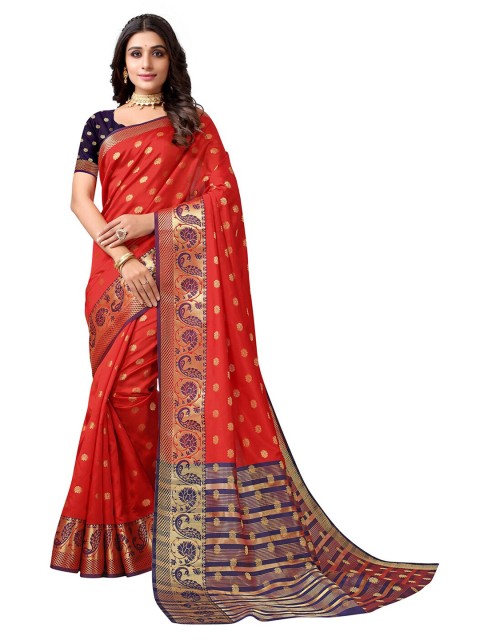 

KALINI Red & Blue Woven Design Zari Silk Cotton Banarasi Saree