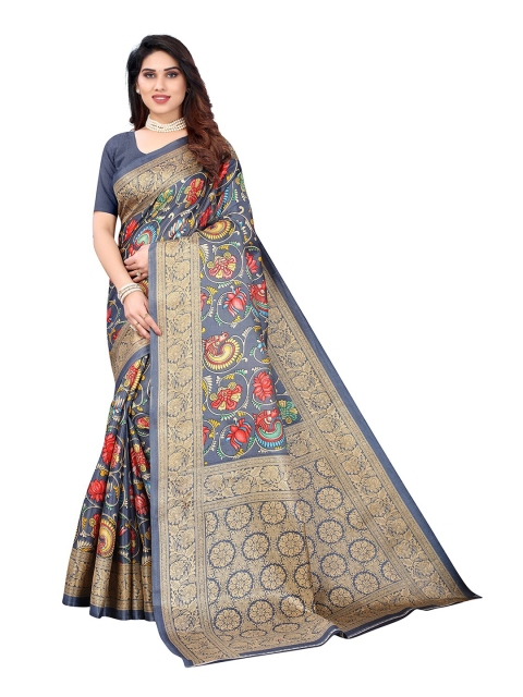 

KALINI Grey & Yellow Gold-Toned Floral Printed Khadi Silk Saree