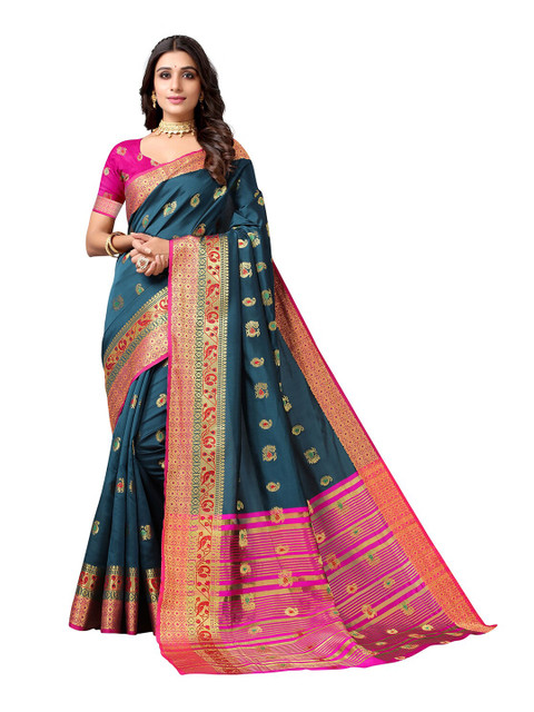 

KALINI Teal & Pink Ethnic Motifs Silk Cotton Banarasi Saree