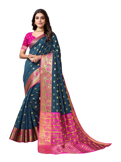 

KALINI Teal & Pink Woven Design Zari Silk Cotton Banarasi Saree