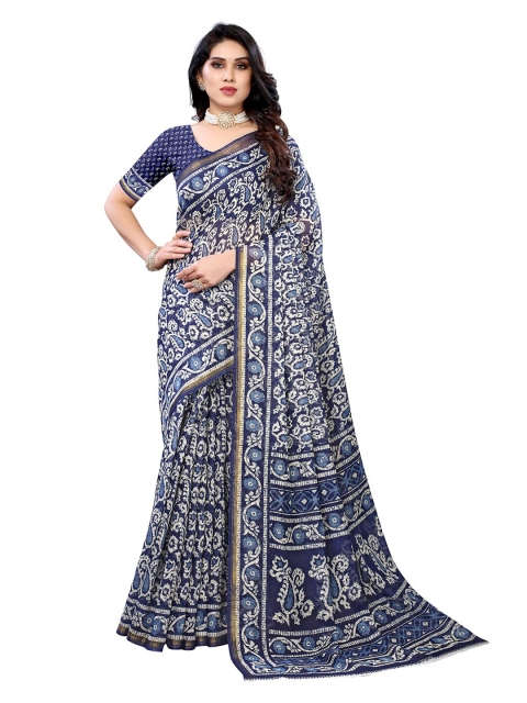 

KALINI Blue & White Floral Printed Saree