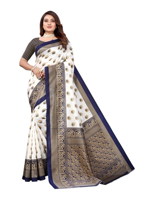 

KALINI White & Navy Blue Ethnic Motifs Art Silk Saree