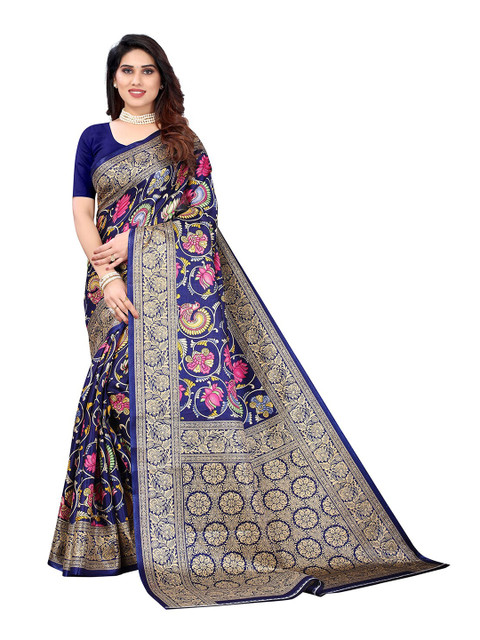 

KALINI Navy Blue & Pink Floral Silk Blend Saree