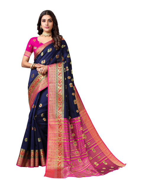 

KALINI Navy Blue & Gold-Toned Ethnic Motifs Woven Design Silk Cotton Banarasi Saree