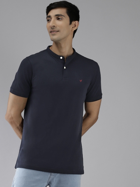 

Blackberrys Men Navy Blue Mandarin Collar Pure Cotton T-shirt