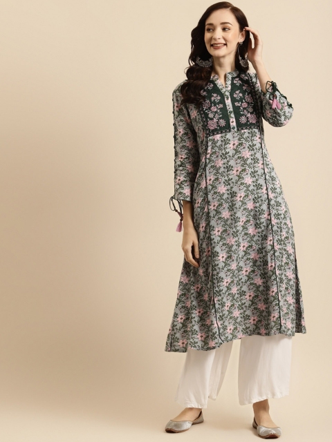 

RANGMAYEE Women Grey Floral Printed Thread Work Block Print Liva Kurta