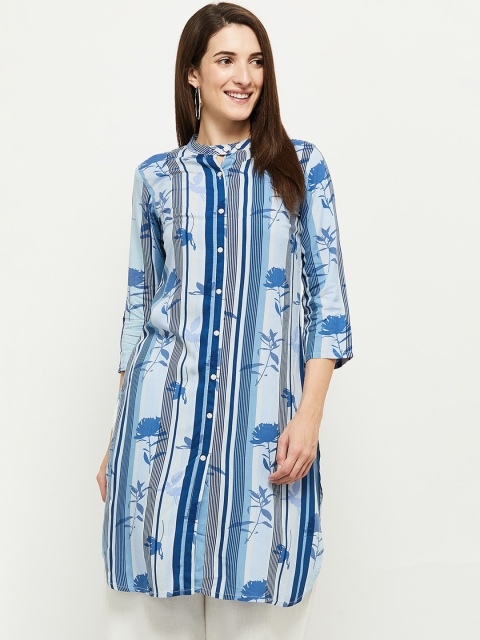 

max Women Blue Geometric Striped Flared Sleeves Kurta