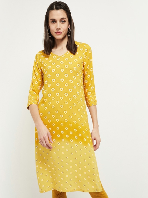 

max Women Mustard Yellow & White Printed Kurta