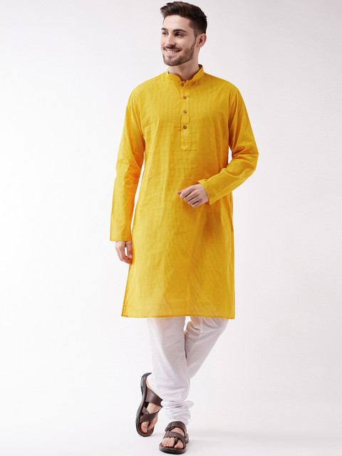 

SHVAAS by VASTRAMAY Men Yellow & White Striped Pure Cotton Sustainable Kurta with Churidar