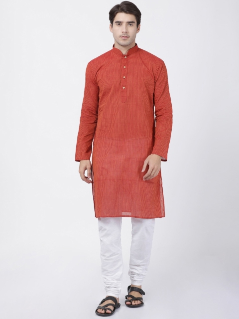 

SHVAAS by VASTRAMAY Men Rust Striped Pure Cotton Sustainable Kurta with Churidar