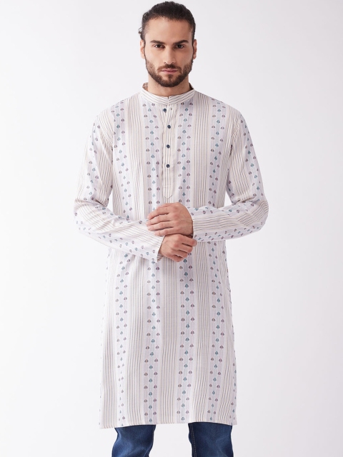 

SHVAAS by VASTRAMAY Men Off White & Blue Geometric Striped Sustainable Kurta