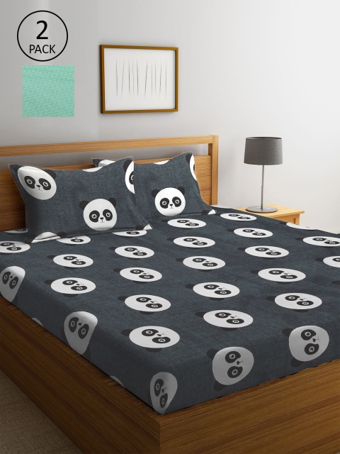 

KLOTTHE Grey & Green Graphic 210 TC 2 King Bedsheets with 4 Pillow Covers