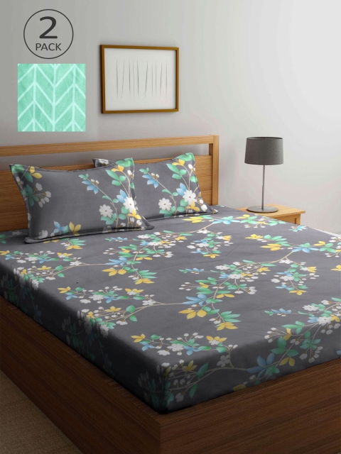 

KLOTTHE Grey & Blue Floral 210 TC King Bedsheet with 2 Pillow Covers